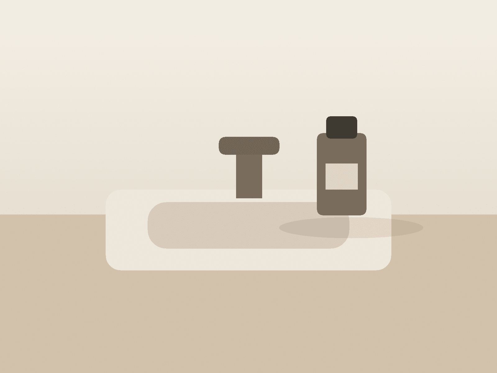A minimal sink scene with warm stone tones and a single product vessel